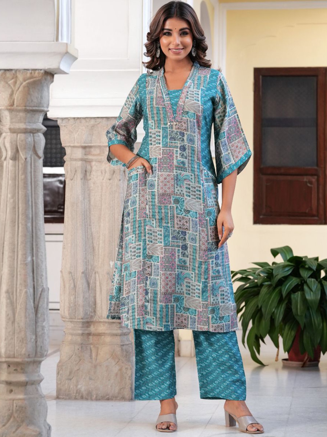 

KALINI Floral Printed Sequinned Square Neck Chanderi Silk Straight Kurta With Trouser, Teal