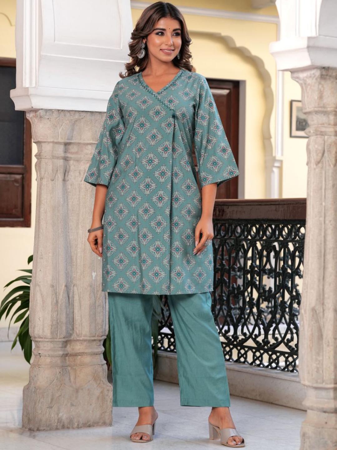 

KALINI Floral Printed Angrakha Sequinned Kurta with Trouser, Teal