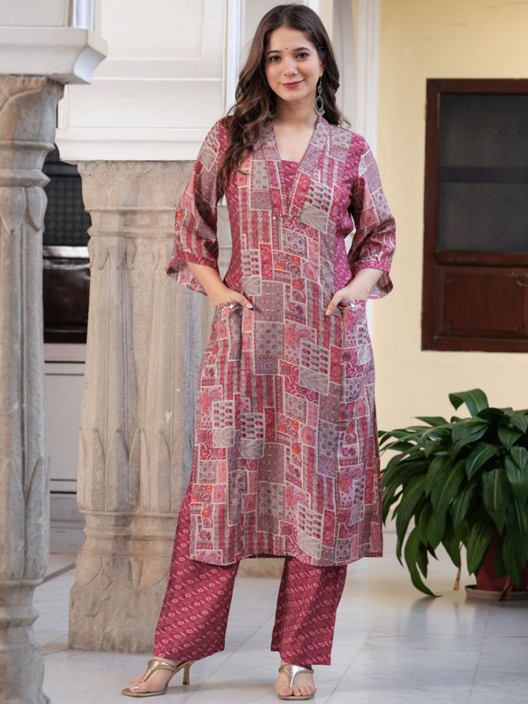 

KALINI Floral Printed Sequinned Kurta with Trouser, Maroon