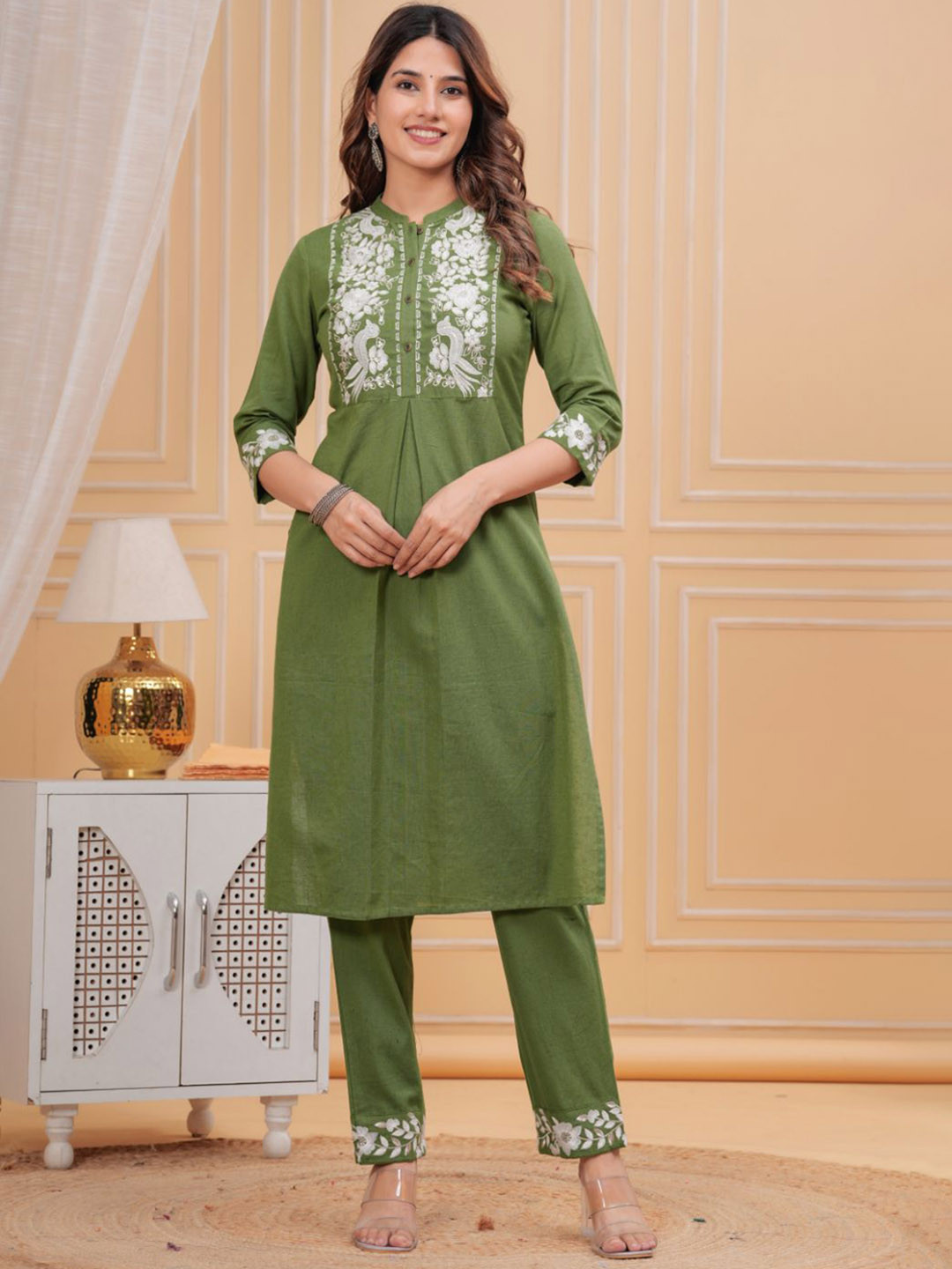 

KALINI Mandarin Collar Floral Embroidered Thread Work Straight Kurta with Trousers, Green