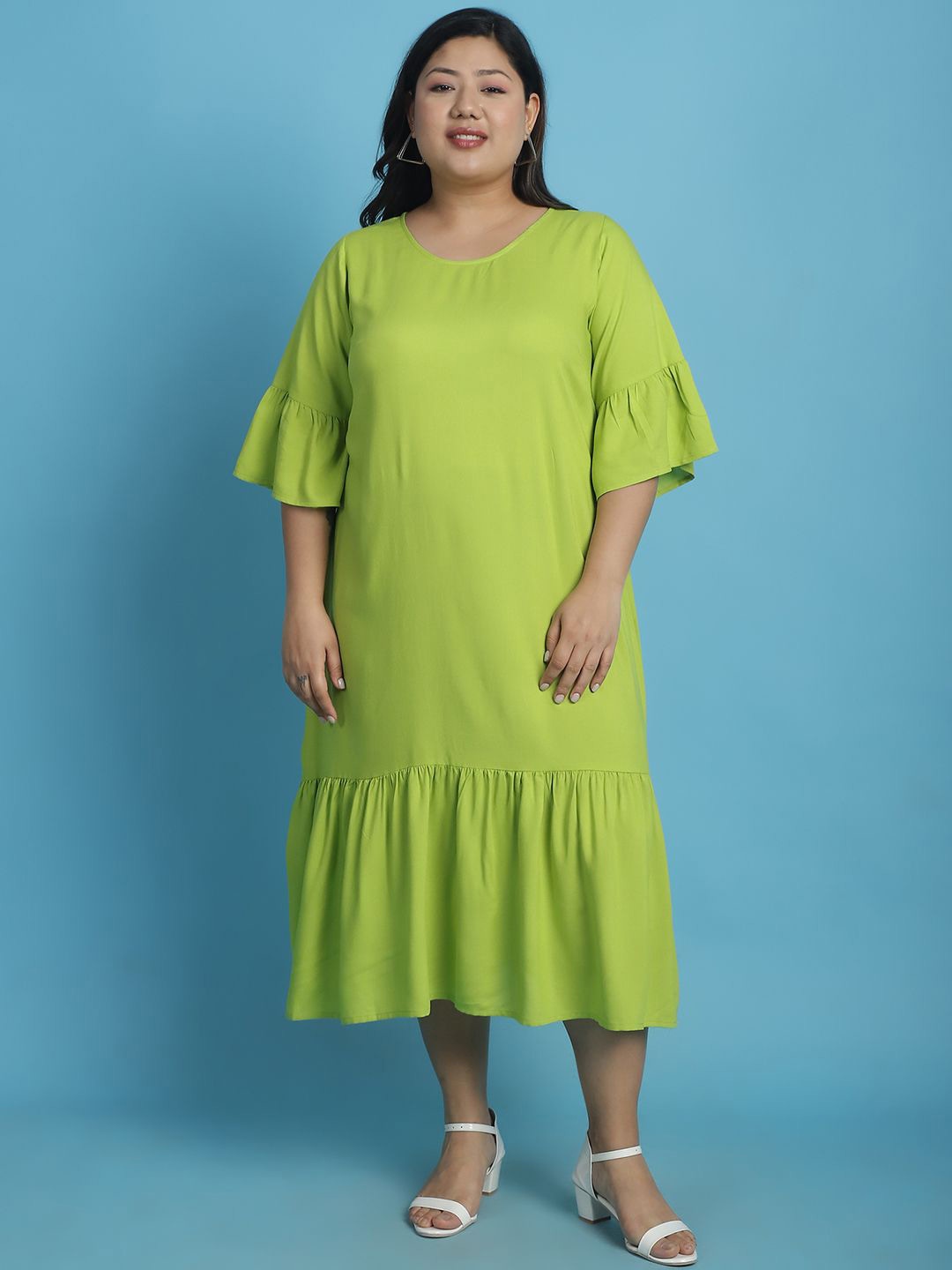 

theRebelinme Women Bell Sleeve A-Line Midi Dress, Green