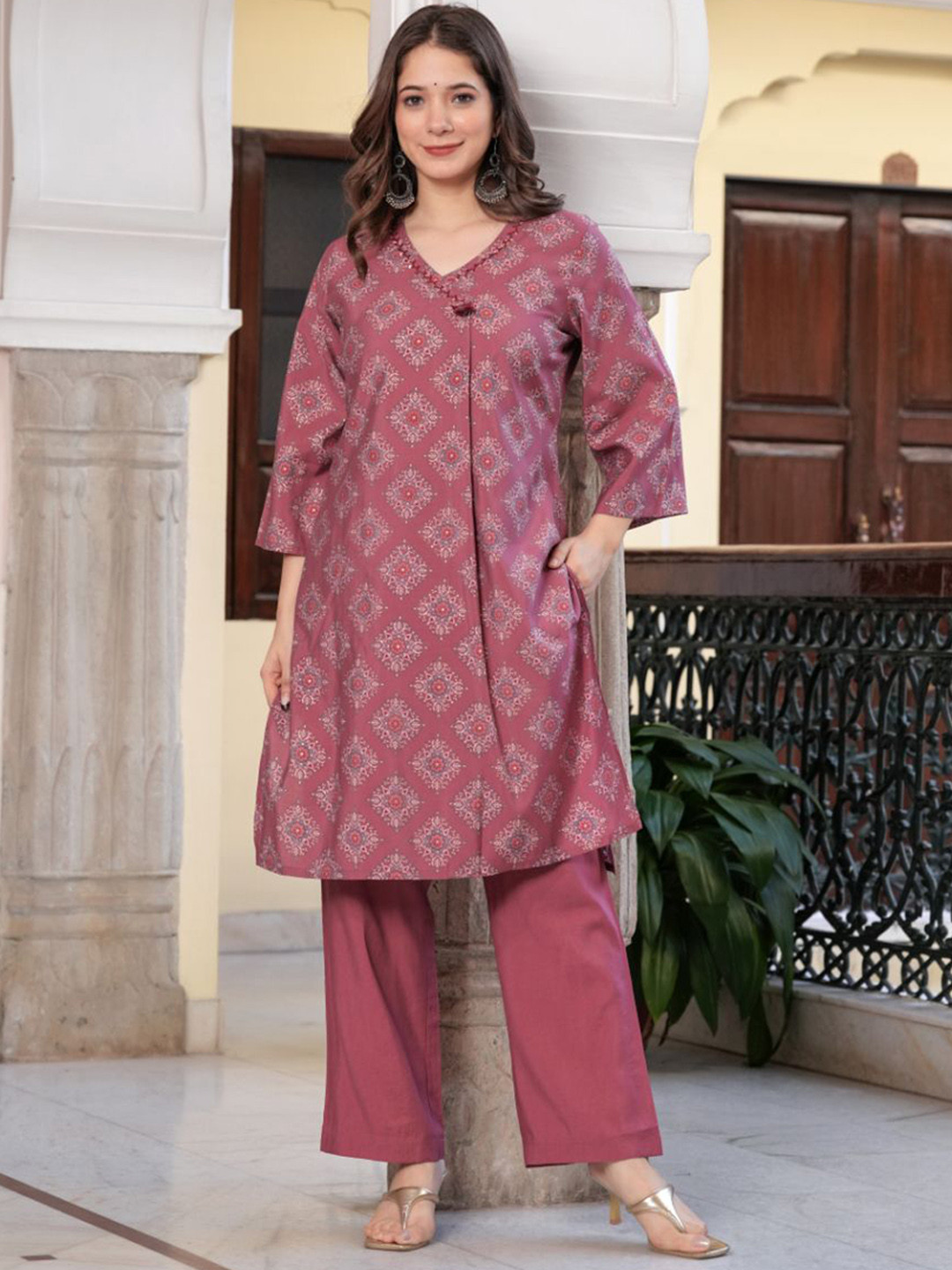 

KALINI Floral Printed Sequinned Kurta with Trouser, Rose