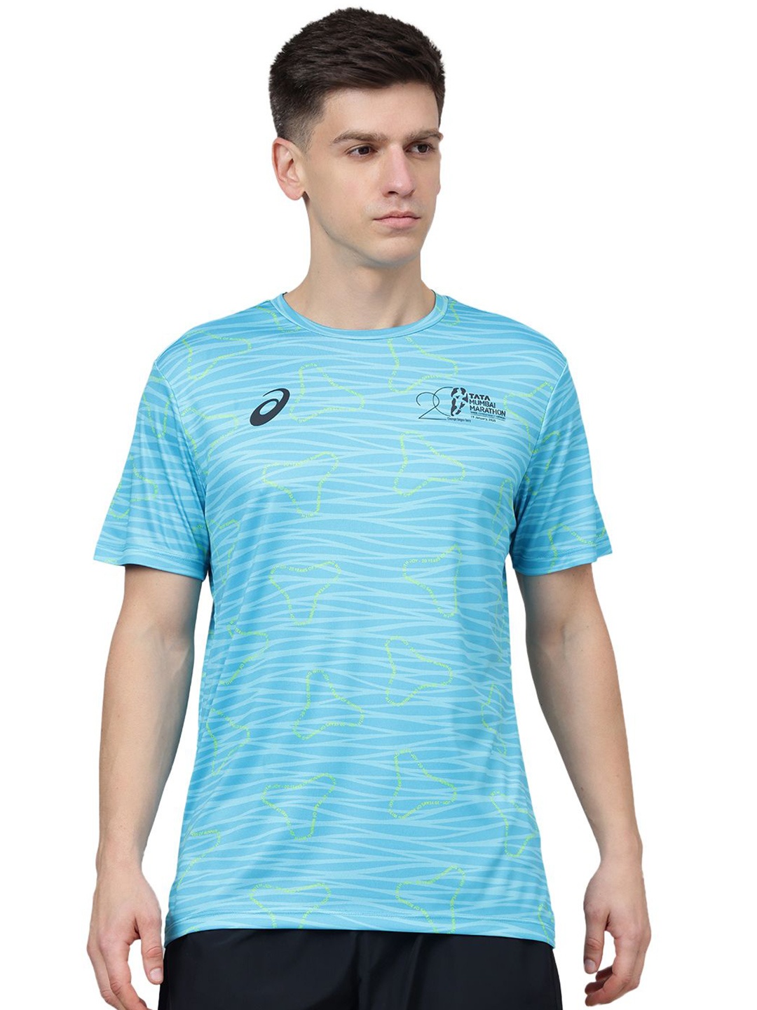 

ASICS Men Abstract Printed Round Neck T-shirt, Turquoise blue