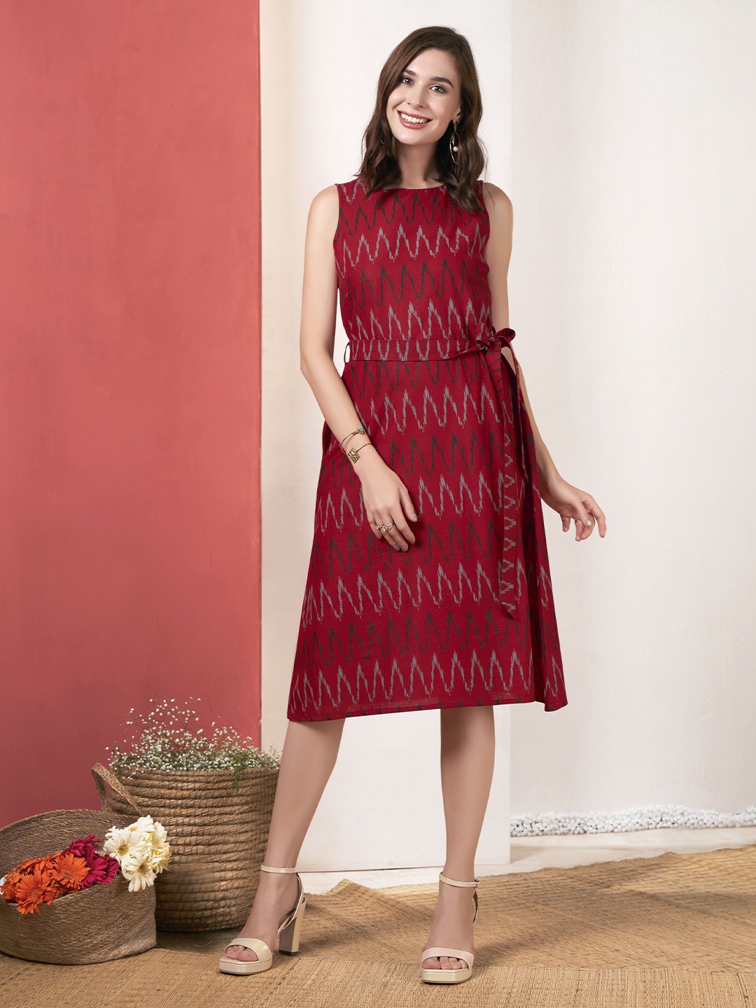 

Anouk Abstract Printed Sleeveless Cotton A-Line Dress, Red