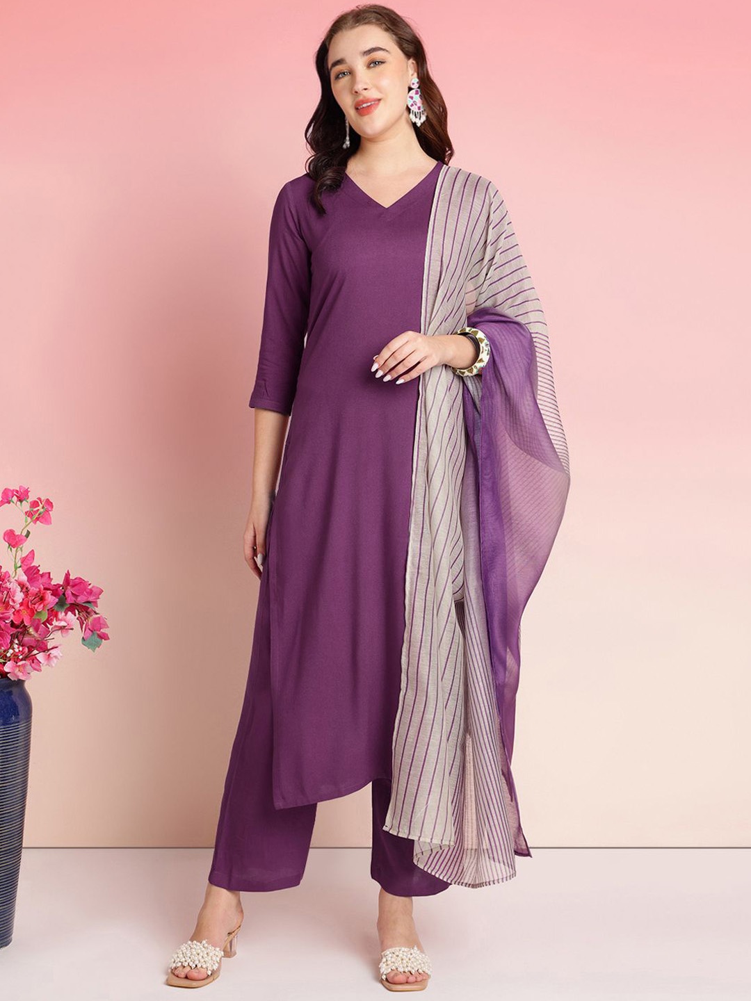 

Anni Designer V-Neck Straight Kurta With Palazzos & Dupatta, Purple
