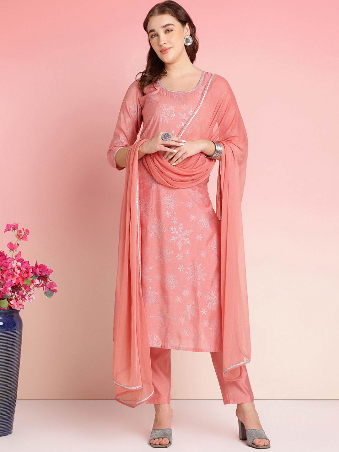 

Anni Designer Floral Printed Gotta Patti Straight Kurta with Trousers & Dupatta, Peach