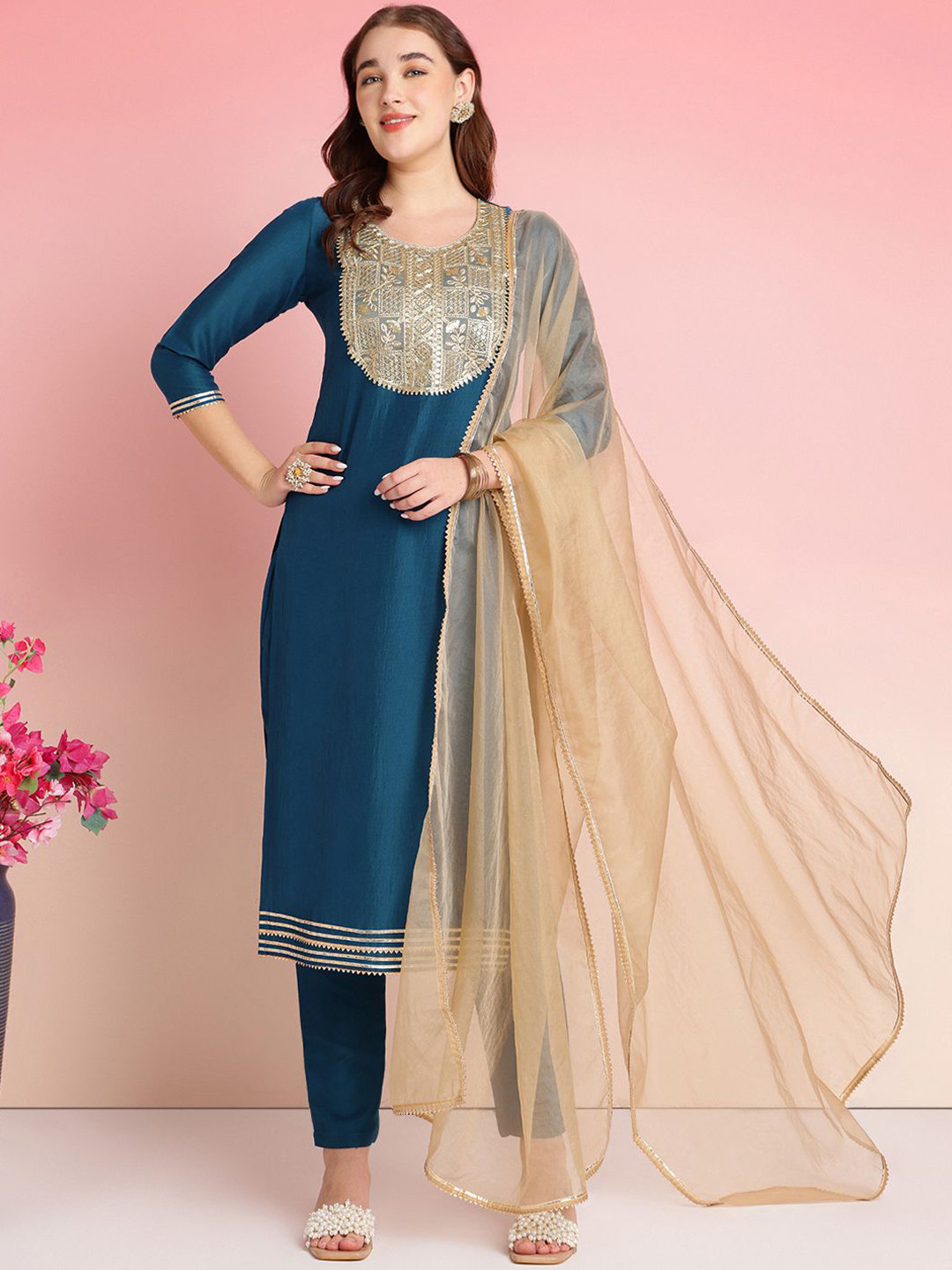 

Anni Designer Floral Yoke Design Sequinned Straight Kurta with Trousers & With Dupatta, Blue