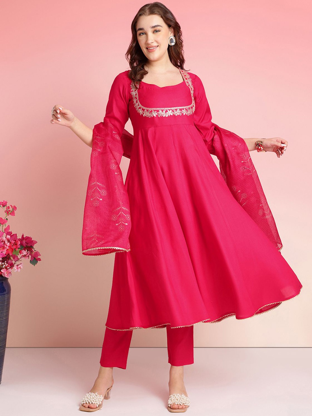 

Anni Designer Round Neck Floral Yoke Design Sequinned Kurta With Trousers & Dupatta, Pink