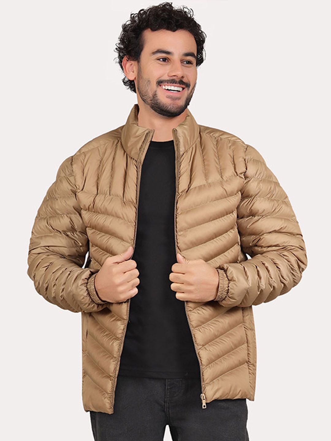 

Spirit Men Mock Collar Solid Casual Puffer Lightweight Jacket, Camel brown