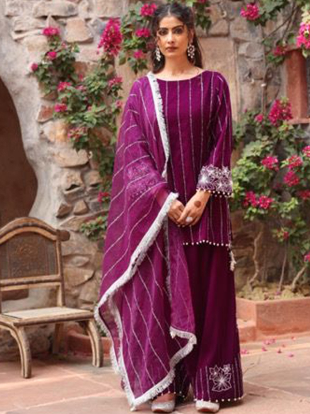 

AJIESH OBEROI Striped Printed Thread Work Velvet Straight Kurta with Palazzos & Dupatta, Purple