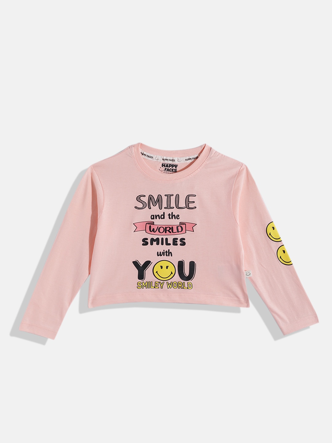 

Happy Faces Girls Typography Print Pure Cotton T-shirt, Peach