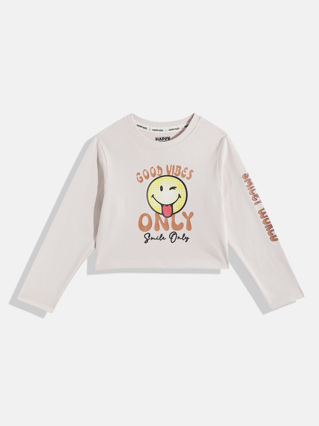 

Happy Faces Girls Graphic Print Pure Cotton T-shirt, Taupe