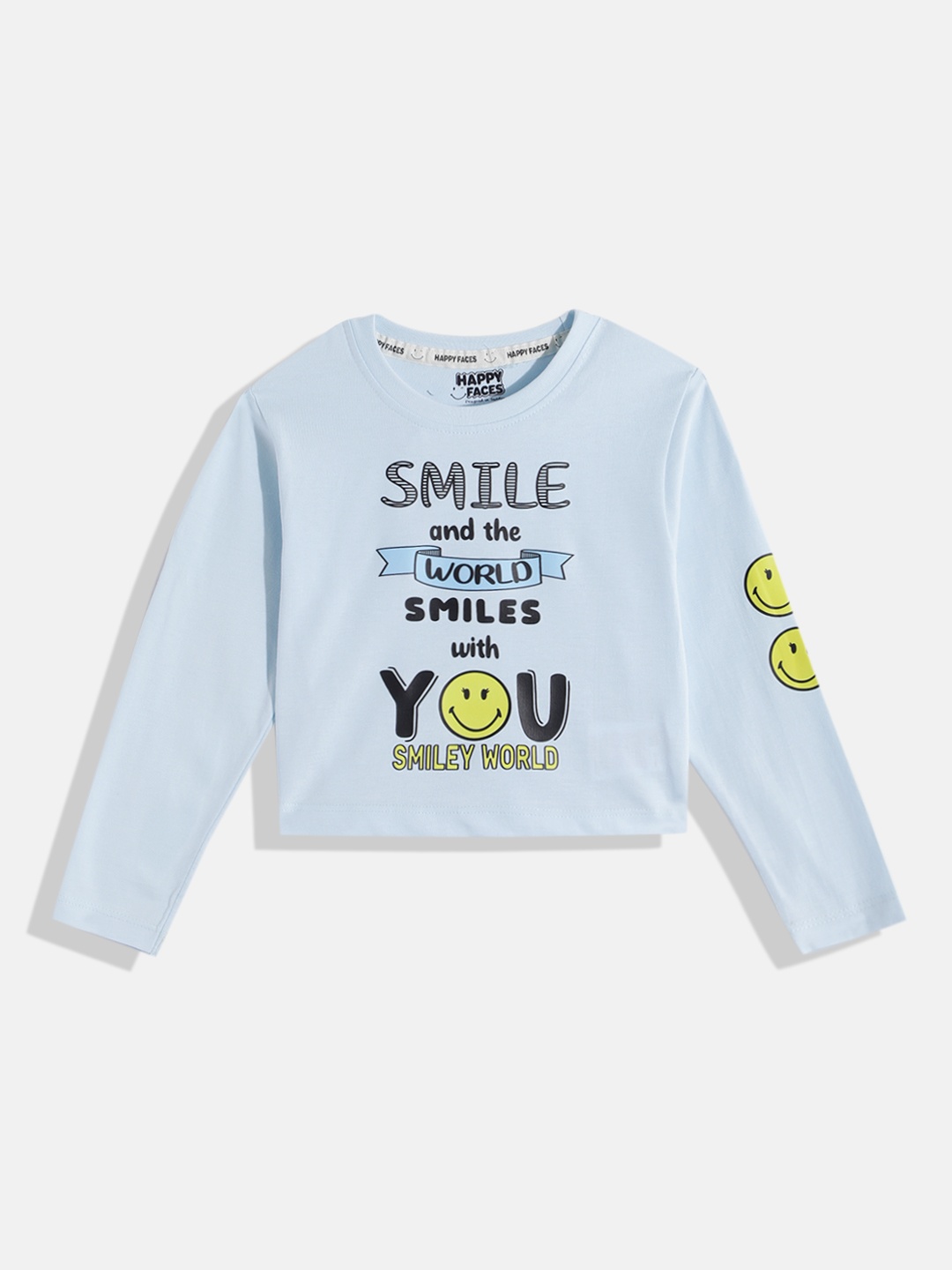 

Happy Faces Girls Typography Print Pure Cotton T-shirt, Blue
