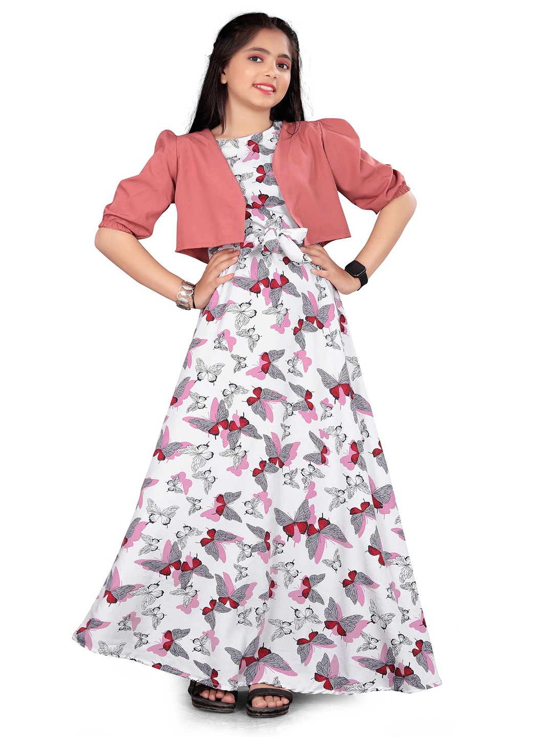 

Aarya Designer Girls Floral Printed Fit & Flare Maxi Dress, White