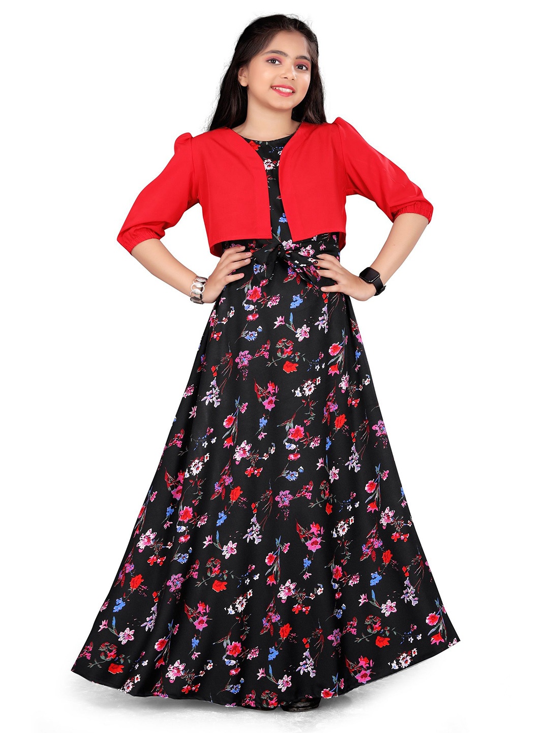 

Aarya Designer Girls Floral Printed Fit & Flare Maxi Dress, Black