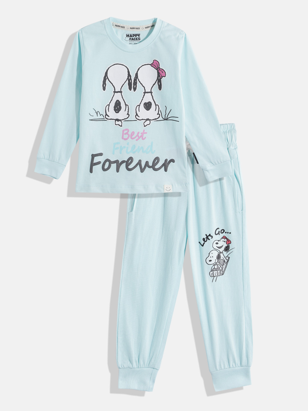 

Happy Faces Girls Pure Cotton Peanuts Printed T-shirt with Joggers, Blue