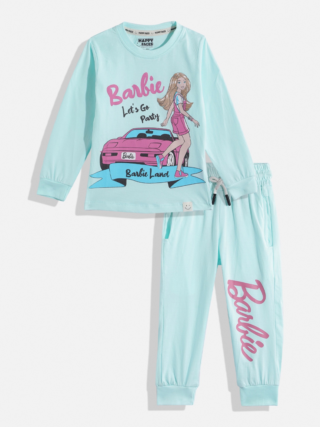 

Happy Faces Girls Pure Cotton Barbie Printed T-shirt with Joggers, Blue