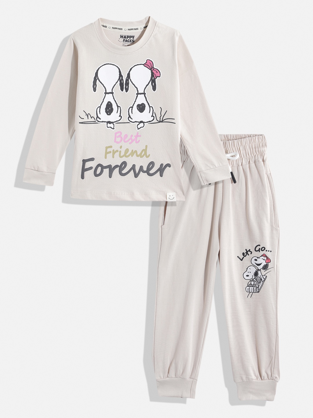 

Happy Faces Girls Pure Cotton Peanuts Printed T-shirt with Joggers, Beige
