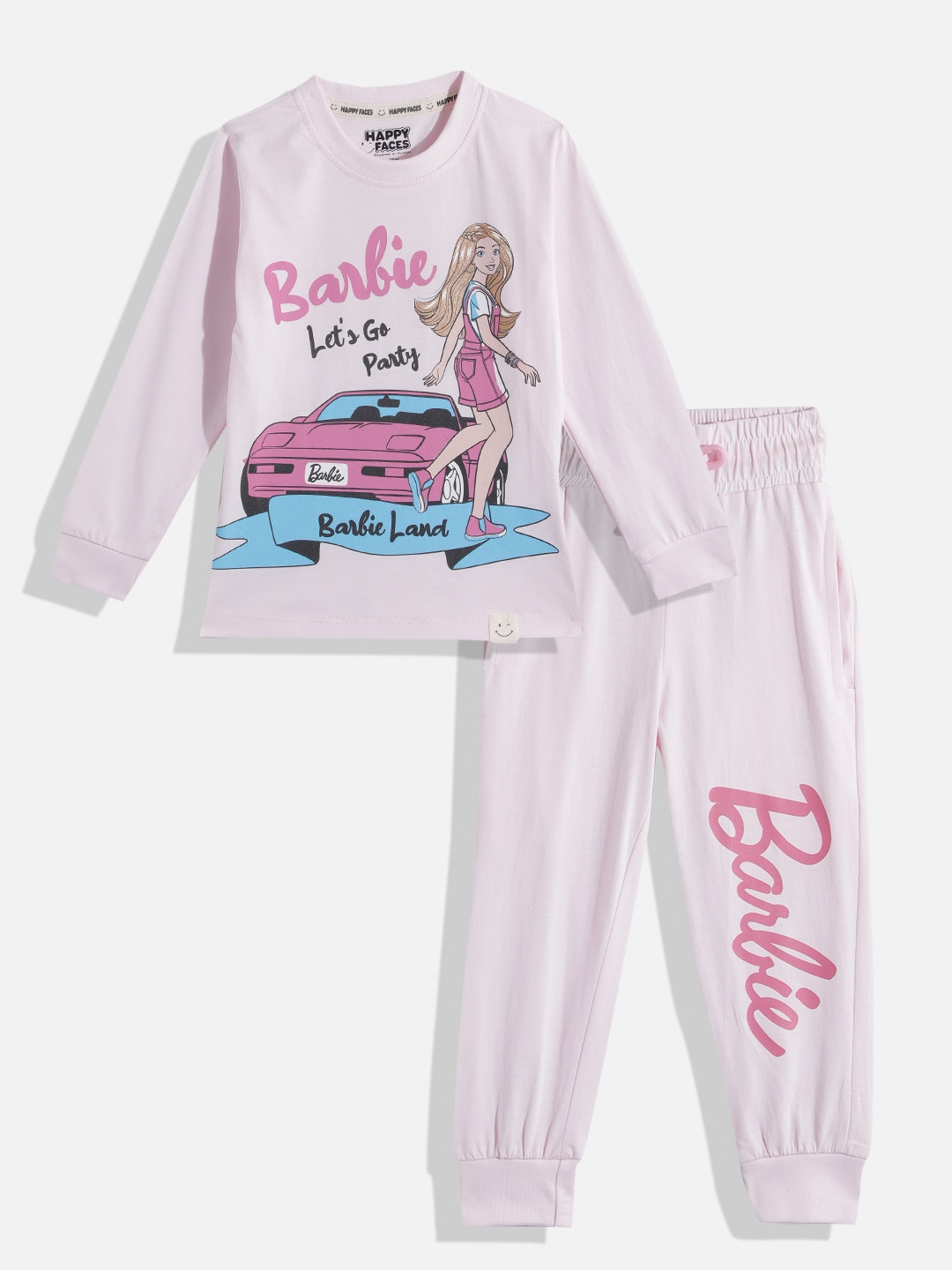 

Happy Faces Girls Pure Cotton Barbie Printed T-shirt with Joggers, Pink