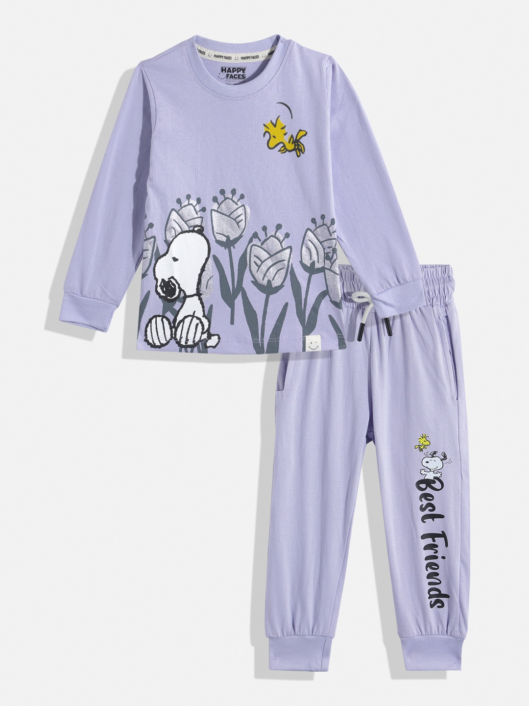 

Happy Faces Girls Pure Cotton Snoopy Printed T-shirt with Joggers, Purple