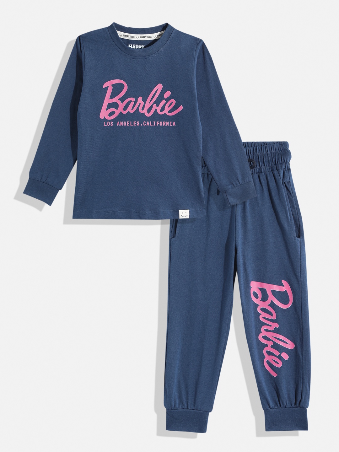 

Happy Faces Girls Pure Cotton Barbie Printed T-shirt with Joggers, Navy blue