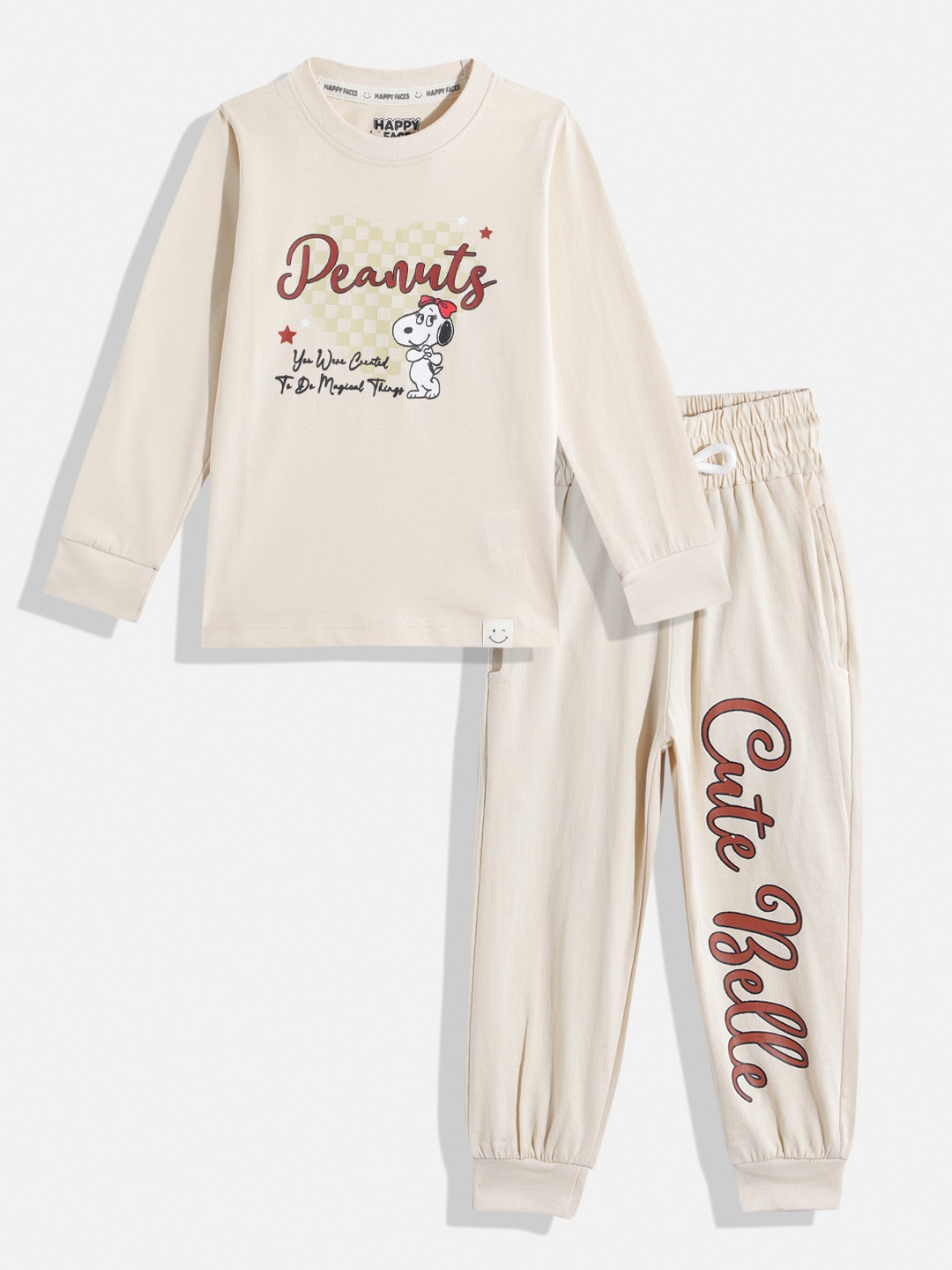 

Happy Faces Girls Pure Cotton Peanuts Printed T-shirt with Joggers, Beige