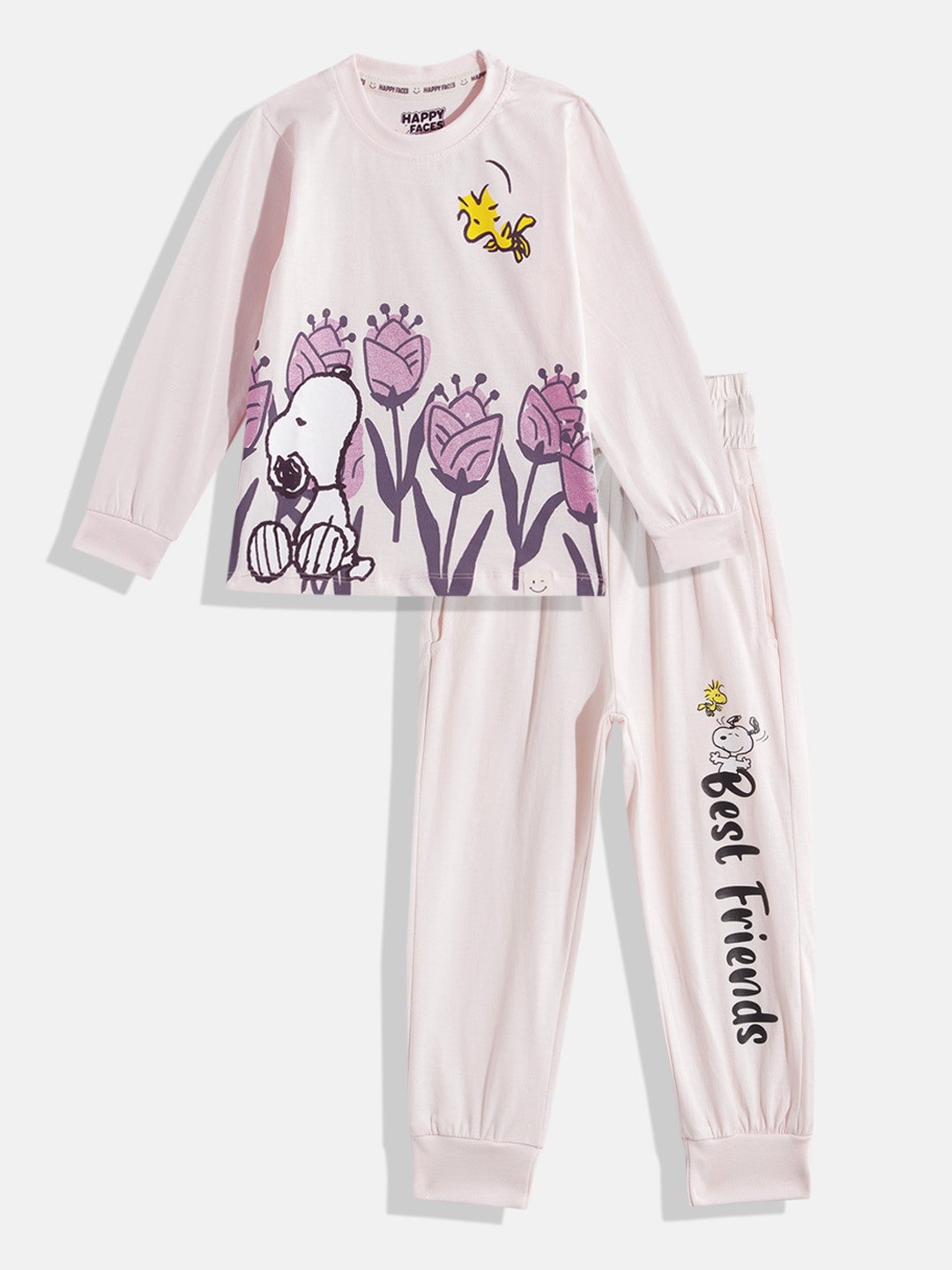

Happy Faces Girls Pure Cotton Snoopy Printed T-shirt with Joggers, Pink