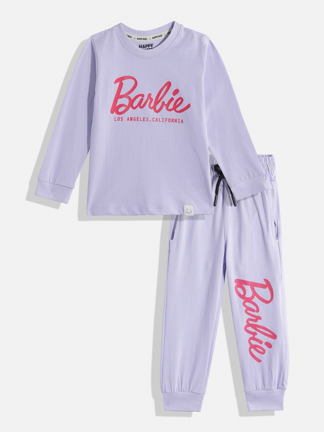 

Happy Faces Girls Pure Cotton Barbie Printed T-shirt with Joggers, Purple