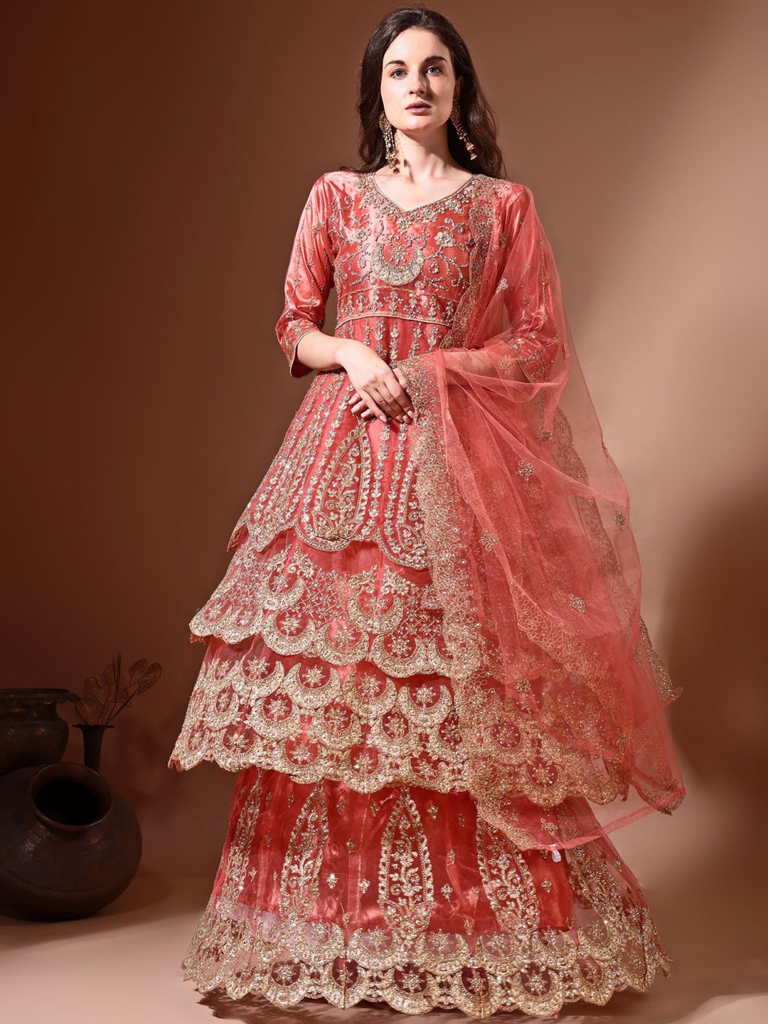

Ahalyaa Floral Embroidered Beads and Stones Semi-Stitched Lehanga And Dupatta Set, Peach