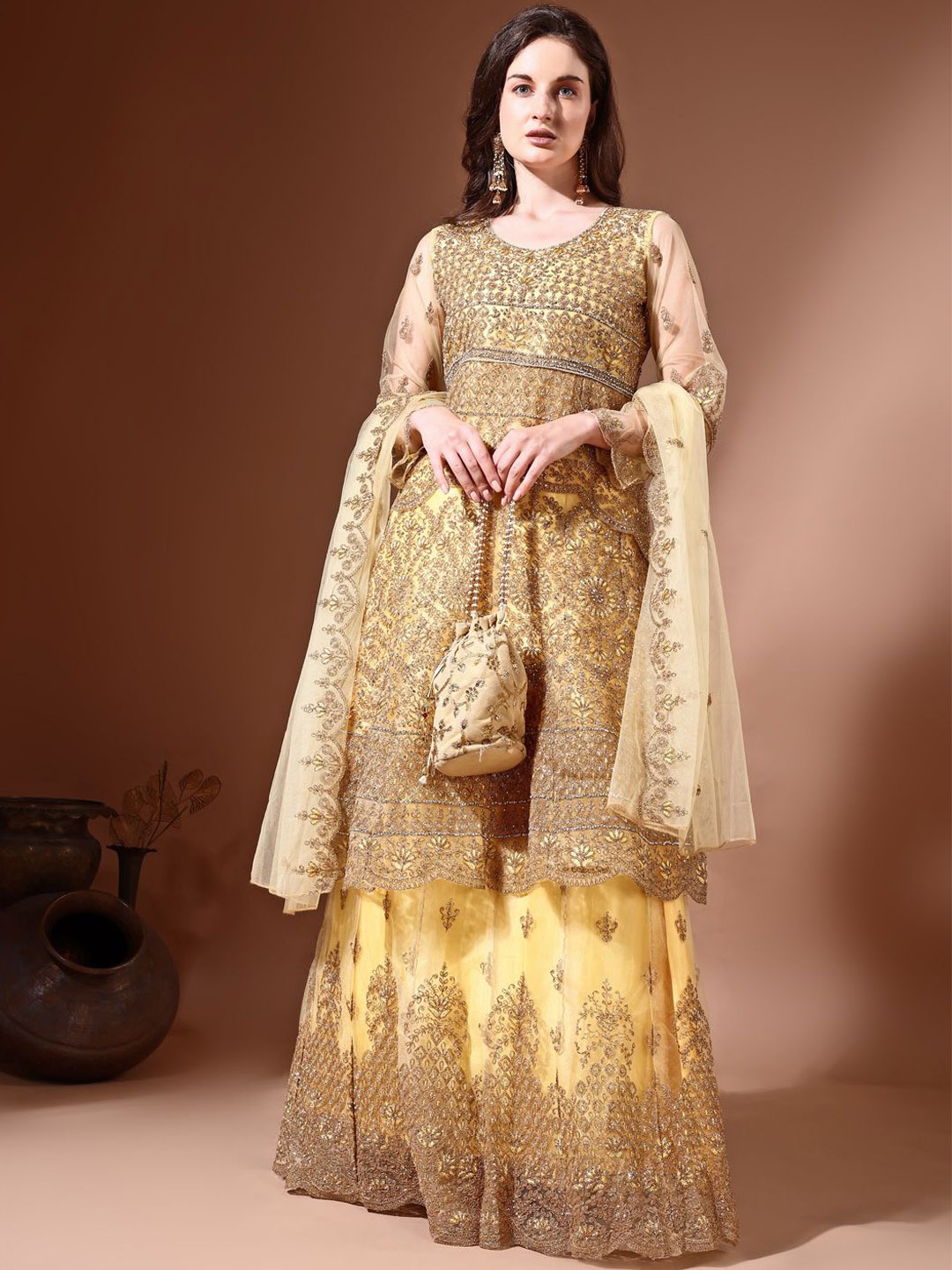 

Ahalyaa Floral Embroidered Beads and Stones Semi-Stitched Lehanga And Dupatta Set, Yellow