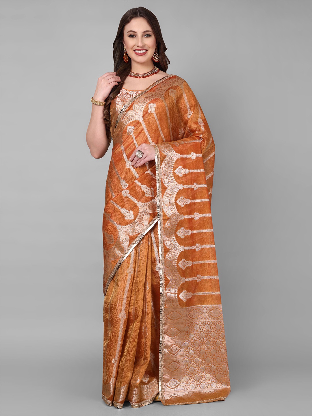 

Vastrang Ethnic Motifs Woven Design Zari Tissue Saree, Rust