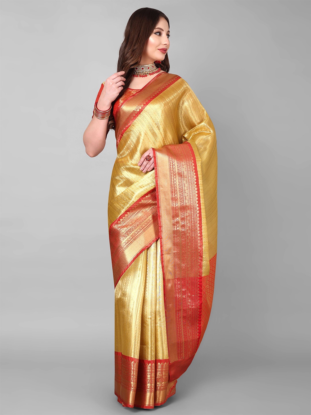 

Vastrang Woven Design Saree With Blouse Piece, Gold