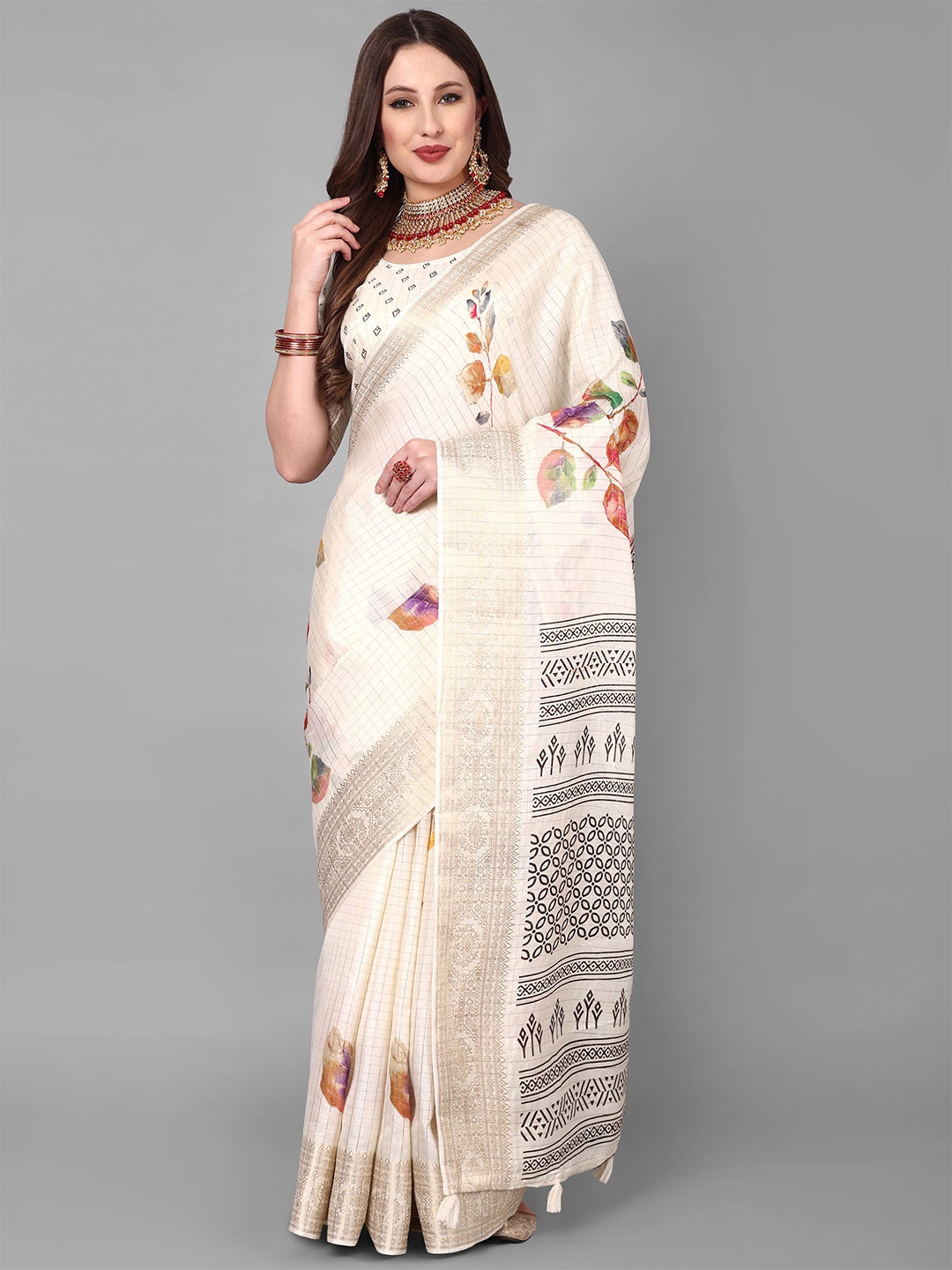 

Vastrang Ethnic Motifs Printed Zari Saree, Cream
