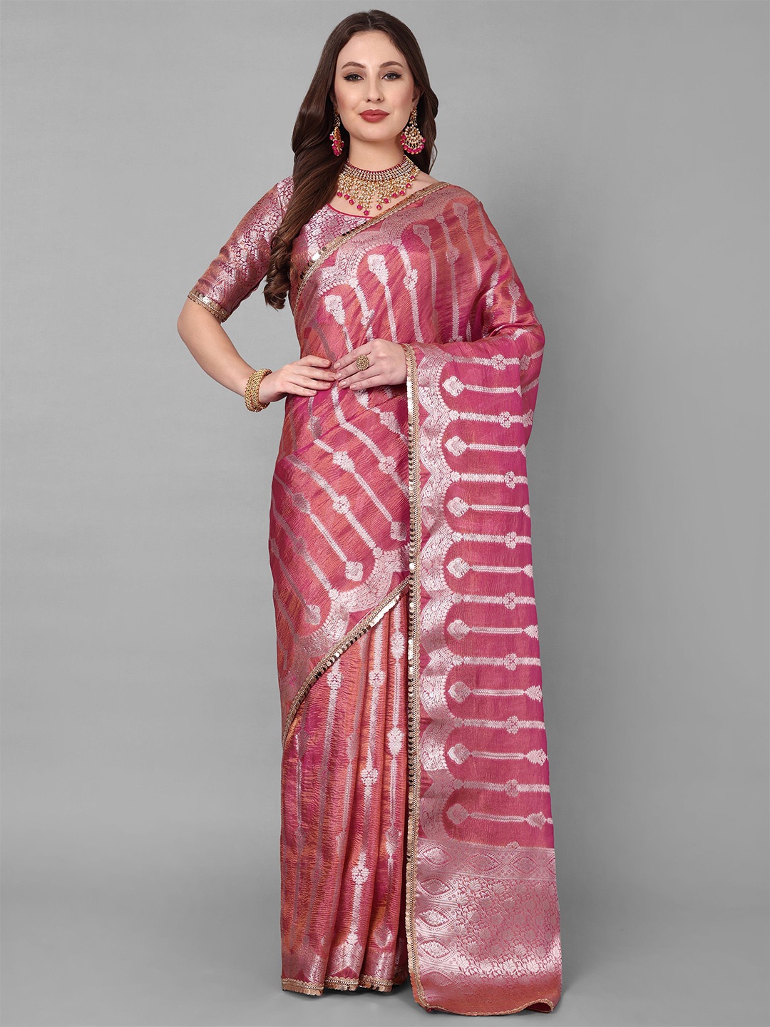 

Vastrang Ethnic Motifs Sequinned Tissue Saree, Pink