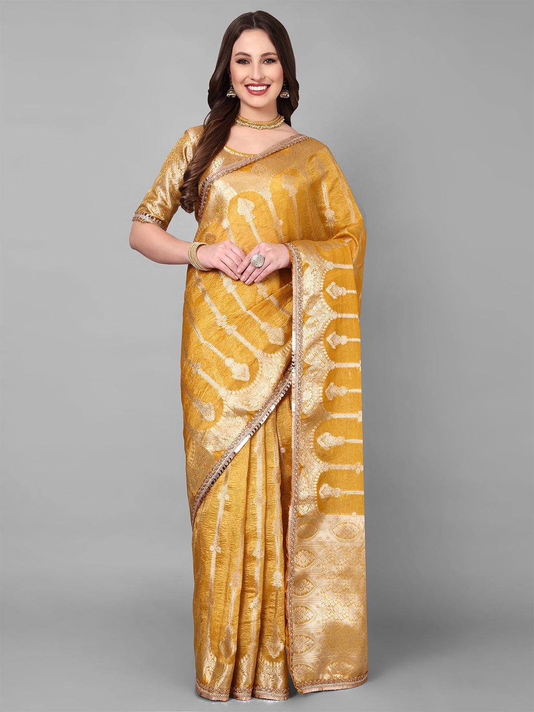 

Vastrang Ethnic Motifs Woven Design Zari Tissue Saree, Yellow