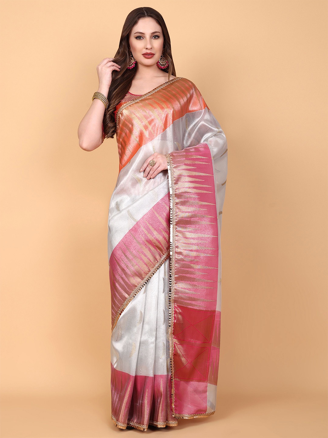 

Vastrang Woven Design Zari Tissue Saree, Silver