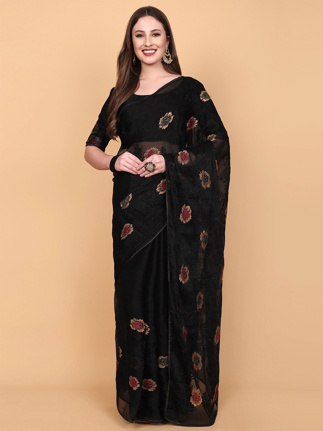 

Vastrang Floral Embroidered Zari Saree, Black