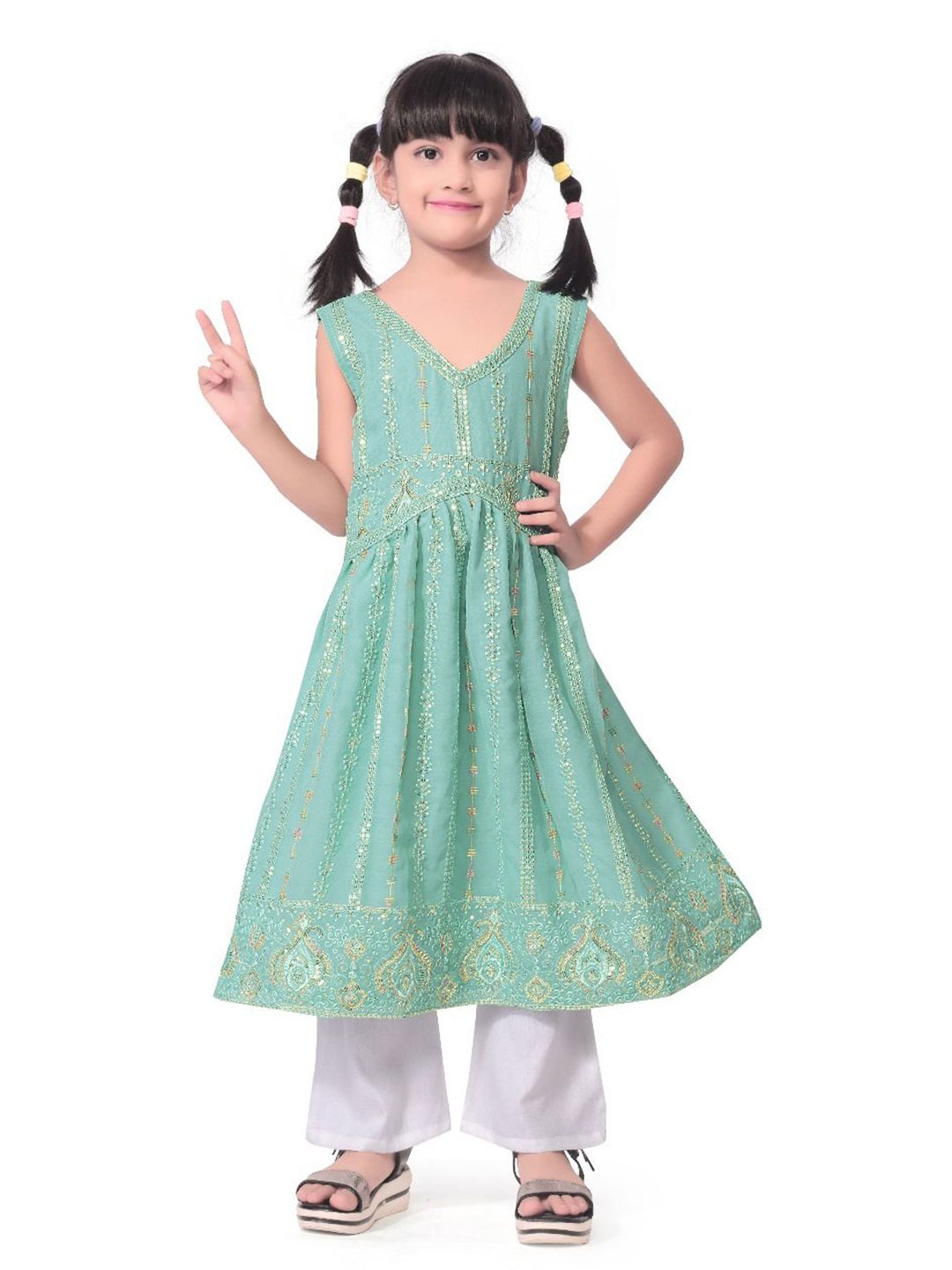 

BAESD Girls Floral Embroidered V-Neck Top With Trousers, Green