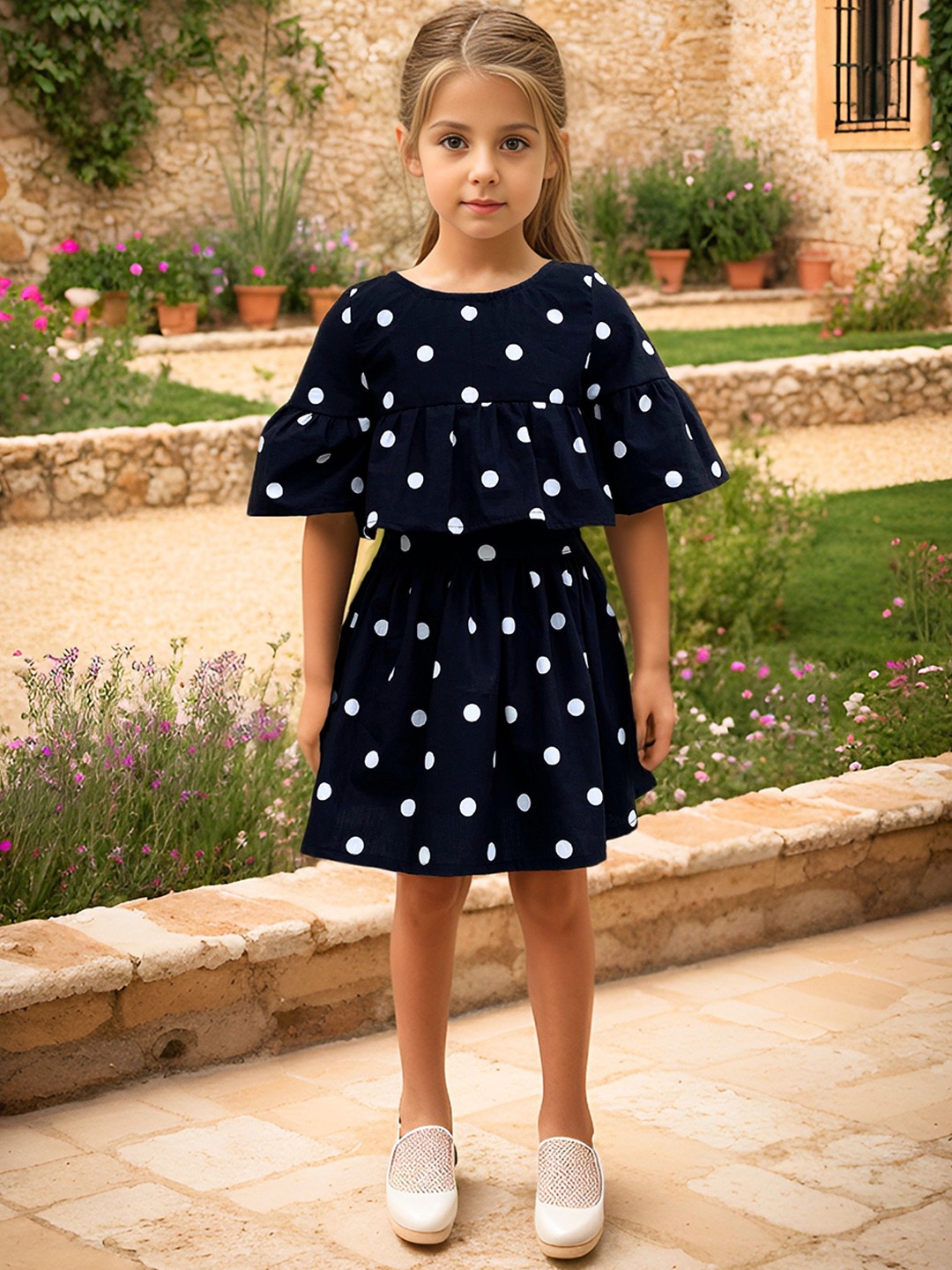 Safehugs Girls Polka Dots Printed Pure Cotton Top With Skirt, Black