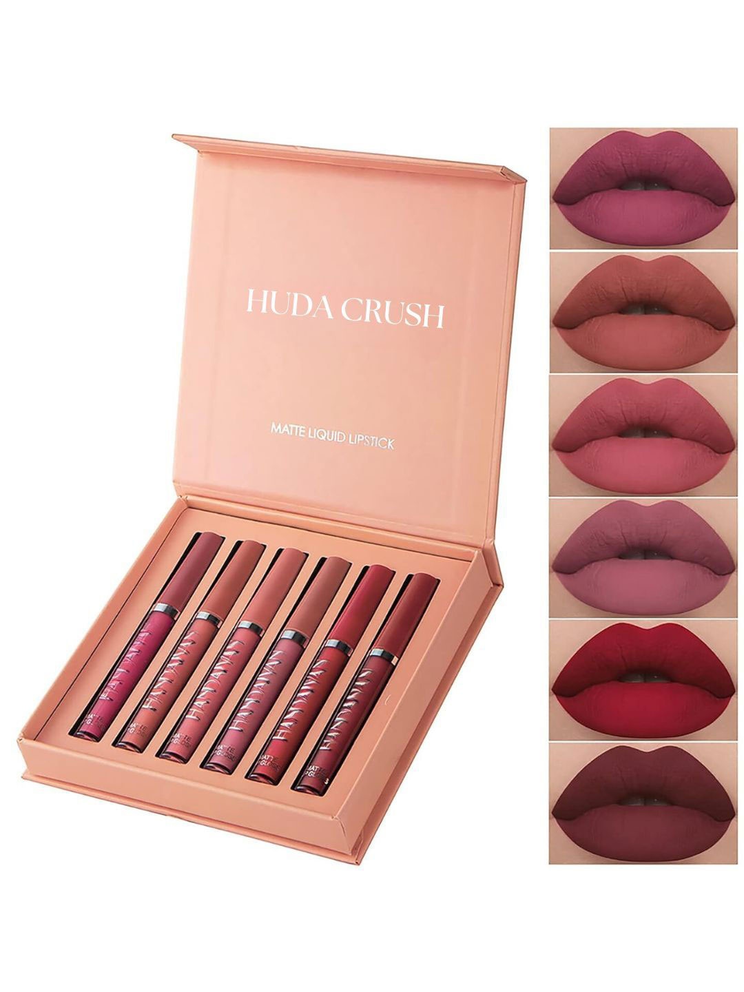 

Huda crush Set Of 6 Matte Liquid Lipstick - 2.5 ml Each - Shade 01- 02- 03- 04- 05- 06, Nude