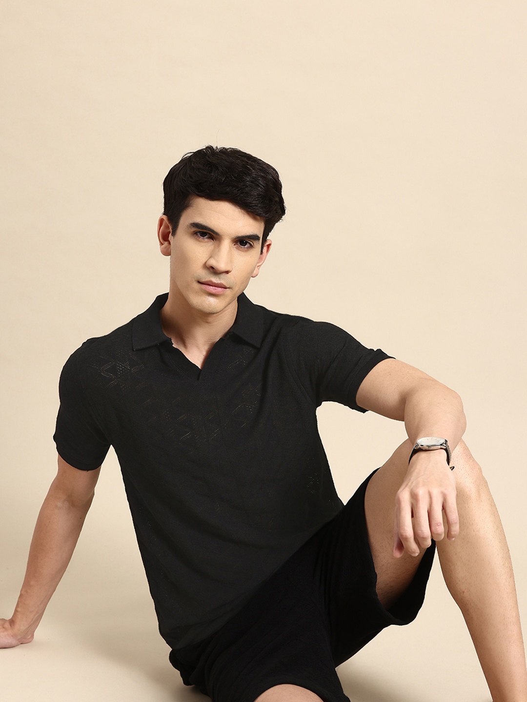 

ARMISTO Men Crochet Resort Polo Collar T-shirt, Black