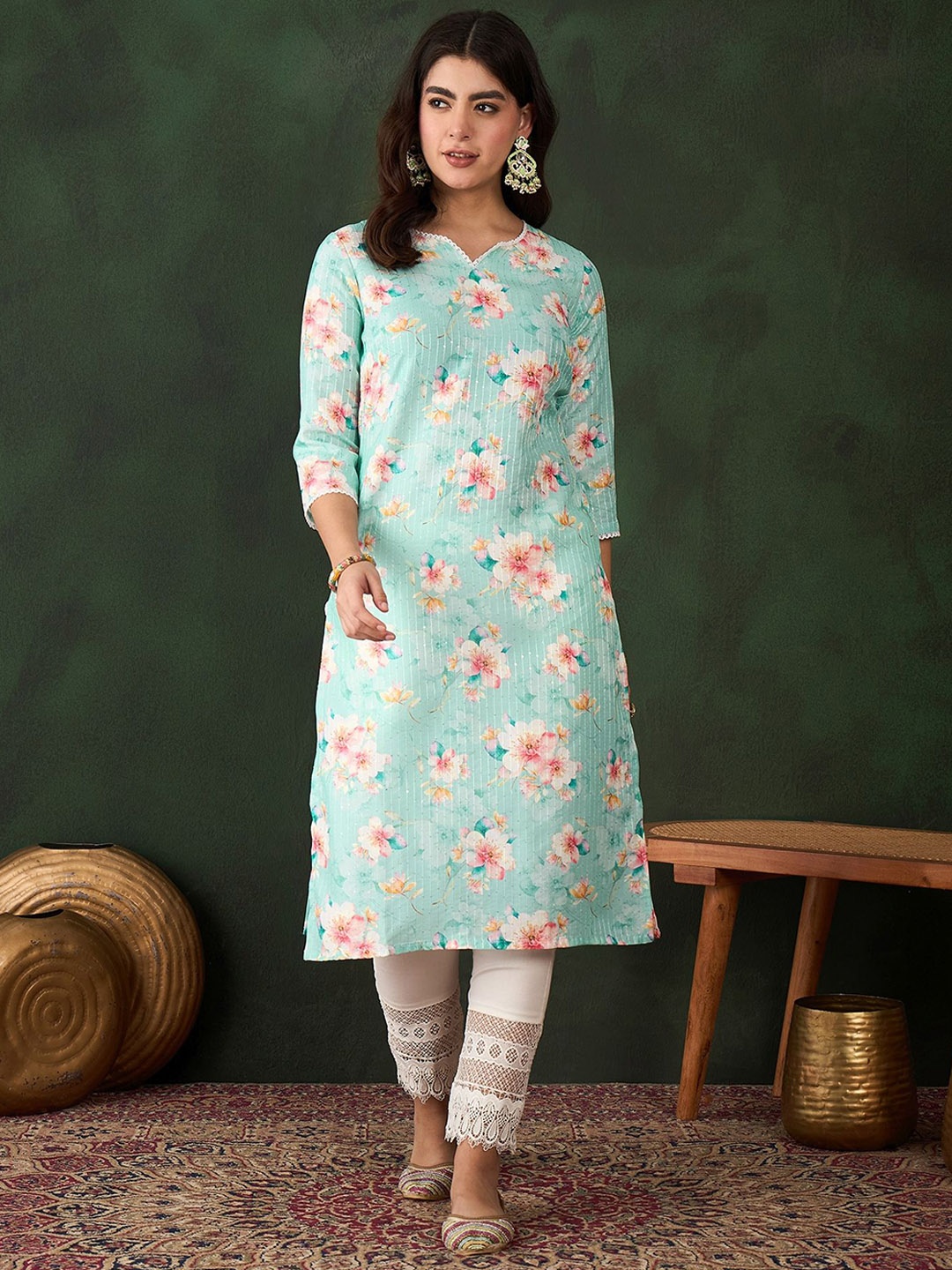 

Sangria Floral Printed Straight Kurtas, Blue
