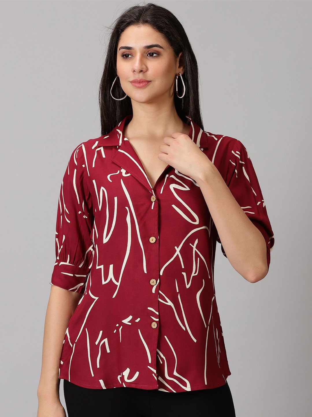 

DRESSAR Women Standard Cuban Collar Abstract Printed Casual Shirt, Red