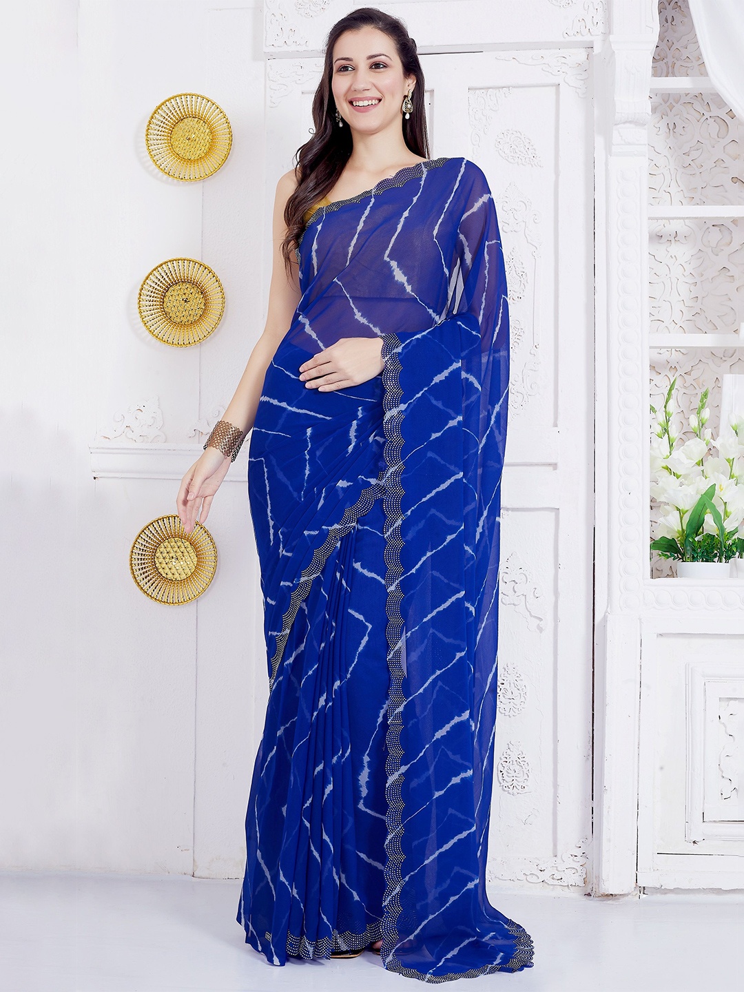

Rani Saahiba Leheriya Beads and Stones Saree, Blue