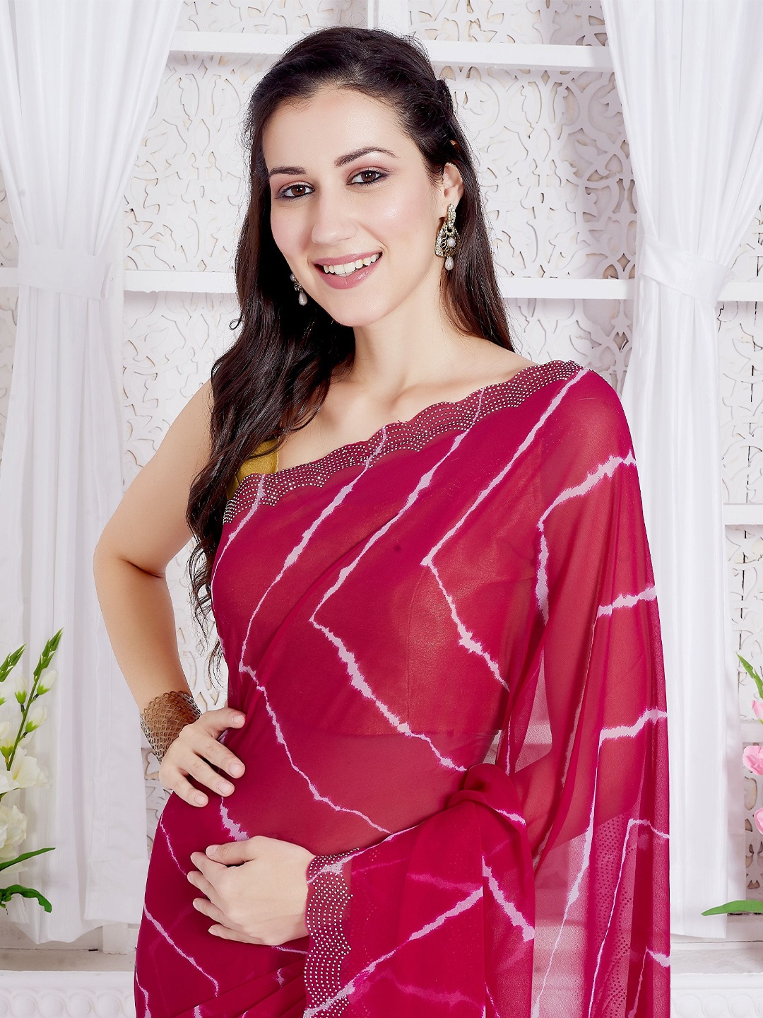

Rani Saahiba Leheriya Embellished Beads and Stones Saree, Pink