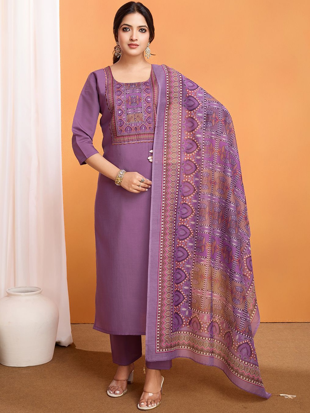 

KALINI Floral Yoke Design Mirror Work Kurta with Trouser & Dupatta, Purple