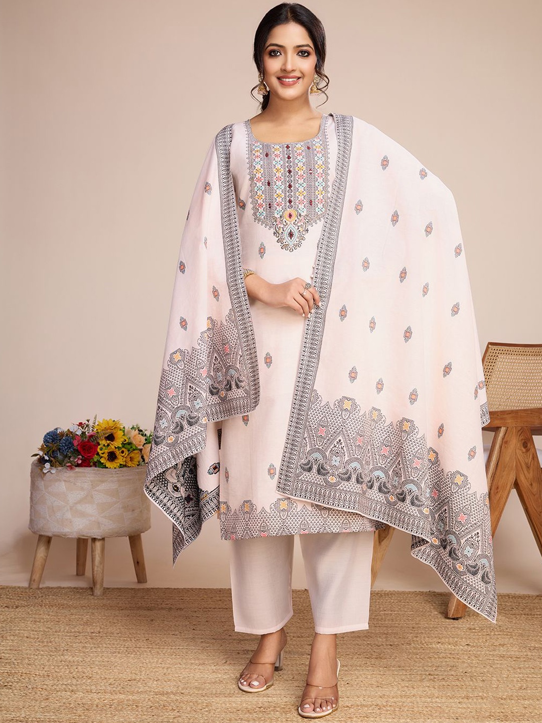 

KALINI Floral Embroidered Mirror Work Kurta with Trouser & Dupatta, White