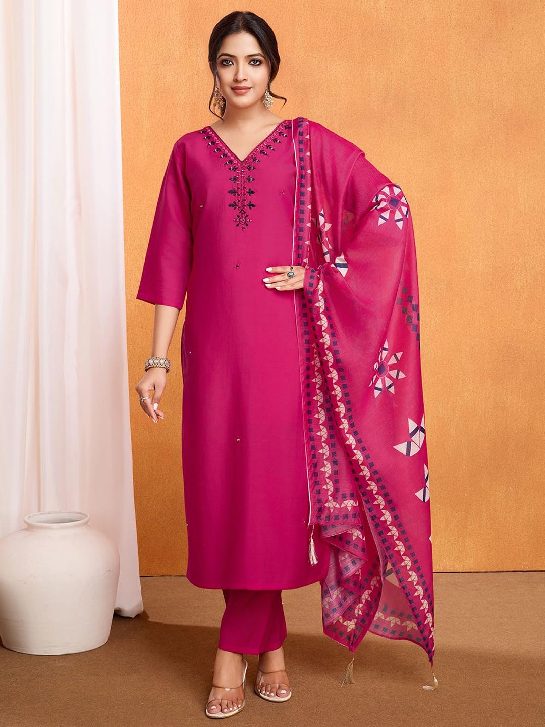 

KALINI V-Neck Yoke Design Mirror Work Kurta with Trousers & Dupatta, Pink