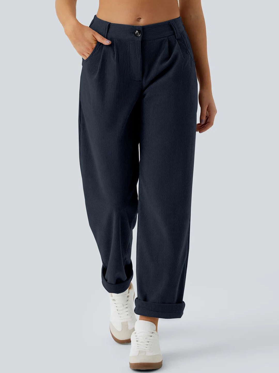 

Kalika Women Striped Pleated Mid-Rise Loose Fit Trousers, Navy blue