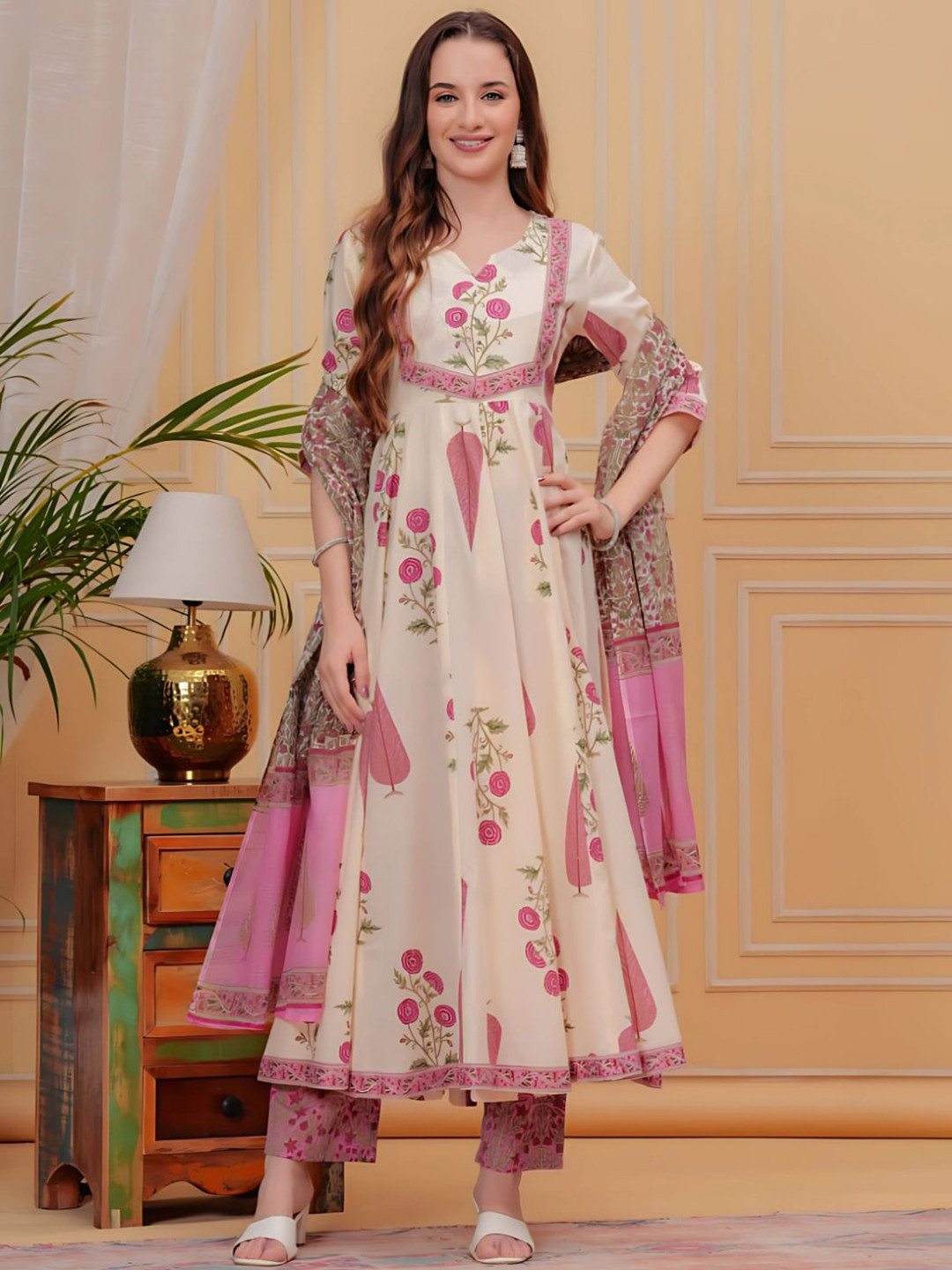 

KALINI Ethnic Motifs Printed Pure Cotton Kurta with Trouser & Dupatta, Pink